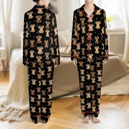 Women's Adorable Fluffy Baby Highland Cow Leopard Print Bow Repeating Pattern Black Brown Tan Satin Pajamas Set