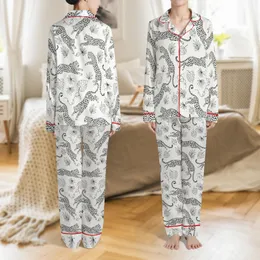 Plus Size Women's Hand-Drawn Leopard Jungle Lapel Long Sleeve Sleep & Loungewear Set Satin Pajamas Set