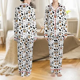 Cow Lovers' Playful Black White Brown Pink Cartoon Cow Faces, Spots, Milk Bottles & Daisy Flowers Seamless Pattern Satin Pajamas Set