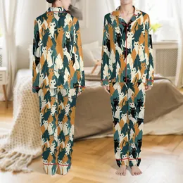 Cat Lovers' Playful Expressive Cats Dark Teal Orange Cream Flat Graphic Seamless Repeat Satin Pajamas Set