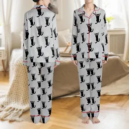 Cat Lovers' Whimsical Black Cartoon Cats Climbing Scratching Seamless Pattern on Heather Grey Satin Pajamas Set