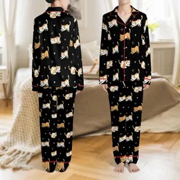 Cat Lovers' Playful Cartoon Cats Tan-Orange White Light Pink Hearts Deep Black All-Over Pattern Satin Pajamas Set
