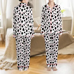 Abstract Pattern Lovers' Graphic Black Cow Spots on White with Pastel Pink Abstract Flowing Shapes Satin Pajamas Set