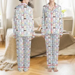 Kawaii Lovers' Adorable Pastel Kitten Puppy Bunny Bear Head Seamless Interlocking Pattern with Heart Glasses & Bow Ties Satin Pajamas Set