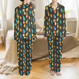 Mid-Century Modern Cat Lovers' Retro Flat Art Geometric Feline & Star Pattern in Teal, Yellow, Orange Satin Pajamas Set
