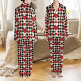 Cozy Style Enthusiast's Dense Black Light Beige Buffalo Plaid with Layered Medium Red Hearts Satin Pajamas Set
