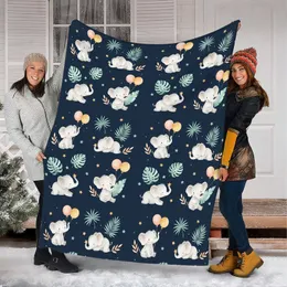 Whimsical Watercolor Deep Navy Baby Elephants Tropical Leaves Balloons Stars Pattern Bedding Set