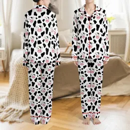 Animal Lovers' Whimsical Flat Graphic Cartoon Cow Face Pastel Pink Snout Black Spot Pattern Satin Pajamas Set