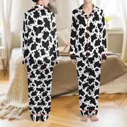Modern Style Aficionados' Bold Jet Black & White Organic Cowhide Spot Pattern Satin Pajamas Set