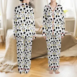 Cow Lovers' Playful White Black Yellow-Tan Pink Cartoon Cow Faces Spots Moo Pattern Satin Pajamas Set
