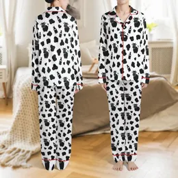 Cow Print Enthusiasts' Graphic Black White Cow Print Pattern with Whimsical Cows Milk Bottles & Hearts Satin Pajamas Set