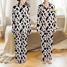 Whimsical Farm Animal Lovers' Playful Black White Cow Print Pink-Cheeked Crowned Cartoon Cows Satin Pajamas Set