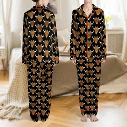 Women's Stylized Highland Cow Heads Leopard Print Bow Scattered All-Over Warm Brown Tan Beige on Deep Black Satin Pajamas Set
