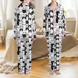 Cat Lovers' Whimsical Black White Grey Pink Cartoon Cat Faces Pattern Satin Pajamas Set
