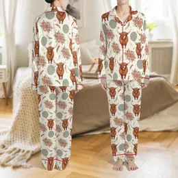 Boho Style Fans' Watercolor Shaggy Highland Cow Wildflower Mandala Seamless Pattern in Terracotta, Sage, Teal Satin Pajamas Set
