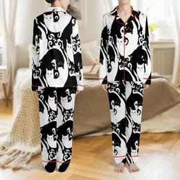 Cat Lovers' High-Contrast Black & White Intertwined Feline Yin-Yang Pattern with Amber Eyes Satin Pajamas Set