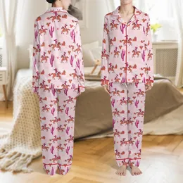 Women's & Girls' Whimsical Fuchsia Pink Cowgirl & Heart Cactus Desert Repeat Pattern Satin Pajamas Set