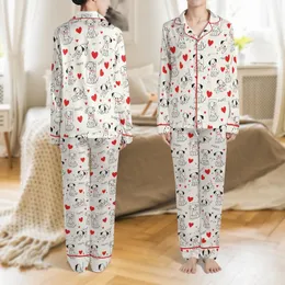 Puppy Lovers' Whimsical Hand-Drawn Cartoon Dalmatian Puppies & Red Hearts Cream Pattern Satin Pajamas Set