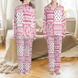 Women's 2-Piece Floral Pajama Set - Pink Green Vintage Rose Buds Patchwork, All-Season Home Comfort Satin Pajamas Set