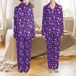 Western Lovers' Royal Purple Desert Scatter Pattern with Fuchsia Boots, Pink Hats, Lavender Cacti, Orange Lightning Satin Pajamas Set