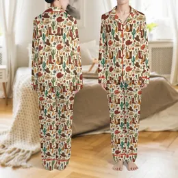Western Lifestyle Lovers' Playful Hand-Drawn Desert Cream Pattern with Cowboy Hats, Cacti, & Horseshoes Satin Pajamas Set