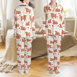 Animal Lovers' Whimsical Watercolor Reddish-Brown Highland Cow Fuchsia Pink Yellow Wildflower Pattern Satin Pajamas Set