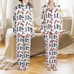 Western Style Admirers' Hand-Drawn Folk Art Cowboy Boots Pattern: Fuchsia Pink, Deep Teal, Red Satin Pajamas Set