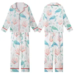 Women's Whimsical Aqua Teal Watercolor Sea Turtle Coral Pink Reef Kid Satin Pajamas Set