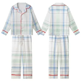 Women's Crisp Plaid Geometric Sky Blue Muted Mint Charcoal Grey Off-White Cornflower Accents Kid Satin Pajamas Set