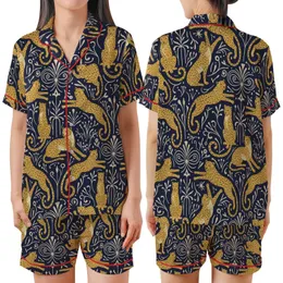Women's Satin Pajama Set: Golden Ochre Leopard Poses - Navy Blue Short Sleeve Lapel Top & Shorts Satin Short-Sleeve Pajamas Set
