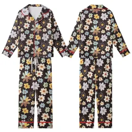 Women's Whimsical Illustrative Floral Scatter Pattern in Cream, Beige, Soft Blues, Mint, Lavender on Deep Brown Kid Satin Pajamas Set