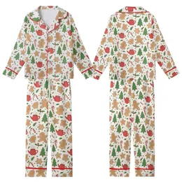 Women's Whimsical Gingerbread Hot Cocoa Candy Cane Holly Pattern on Creamy Off-White Kid Satin Pajamas Set