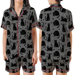 Cat Lovers' Whimsical Black Cat Silhouette Repeating Pattern Tiny Hearts White Dot Eyes Heather Dark Grey Satin Short-Sleeve Pajamas Set