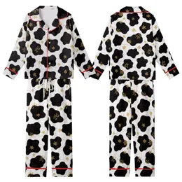 Modern Art Enthusiasts' Black White Abstract Cow Spot Golden Star Burgundy Line Pattern Kid Satin Pajamas Set