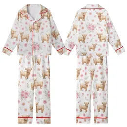 Women's Whimsical Watercolor Fluffy Highland Cow Calf Pink Rose Daisy Floral Pattern Kid Satin Pajamas Set