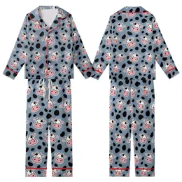 Farm Animal Fans' Illustrative Flat Cartoon Cow Faces Pink Snouts Muted Blue-Grey All-Over Black Spot Pattern Kid Satin Pajamas Set