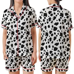 Modern Style Enthusiasts' Dynamic Black White Organic Interconnected Rounded Shapes Pattern Satin Short-Sleeve Pajamas Set