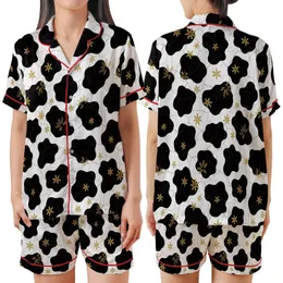 Modern Art Enthusiasts' Black White Abstract Cow Spot Golden Star Burgundy Line Pattern Satin Short-Sleeve Pajamas Set