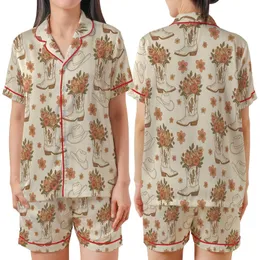 Boho Western Lovers' Retro Illustrated Cowboy Boots Wildflowers Peach Coral Olive Green Pattern Satin Short-Sleeve Pajamas Set