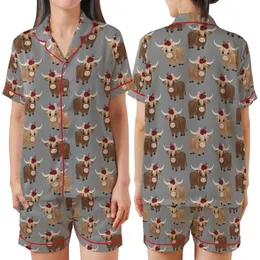Highland Cow Lovers' Whimsical Shaggy Brown Cow Red Pink Floral Crown Heather Grey Print Satin Short-Sleeve Pajamas Set