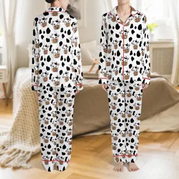 Cow Lovers' Cheerful Stylized Cartoon Cow Faces Seamless White Black Spot Pattern Brown Horns Pink Ears Satin Pajamas Set