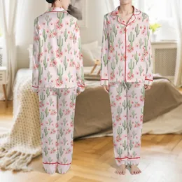 Women's Gentle Pastel Pink Sage Green Watercolor Cactus Blush Rose Floral Pattern Satin Pajamas Set