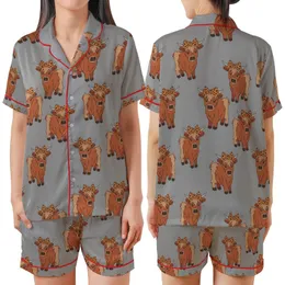 Animal Lovers' Fluffy Baby Highland Cow Reddish-Brown Fawn Leopard Bow Flat Graphic Pattern on Heather Gray Satin Short-Sleeve Pajamas Set