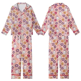 Women's Cheerful Pastel Pink White Cartoon Bunny Purple Yellow Flower Orange Heart Illustrative Pattern Kid Satin Pajamas Set