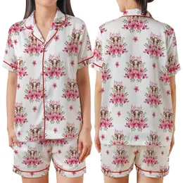 Animal Lovers' Whimsical Watercolor Brown Spotted Calves Fuchsia Blush Cherry Blossom Seamless Pattern Satin Short-Sleeve Pajamas Set