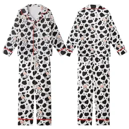 Cute Animal Lovers' Seamless Black Cow Spot All-Over Print with Adorable Pink-Eared Cartoon Cows & Milk Bottle Motif Kid Satin Pajamas Set
