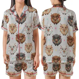 Whimsical Animal Lovers' Fluffy Highland Calves Multi-Color Christmas Lights Pastel Stars Pattern Satin Short-Sleeve Pajamas Set