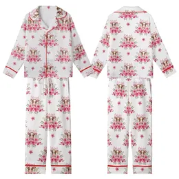 Animal Lovers' Whimsical Watercolor Brown Spotted Calves Fuchsia Blush Cherry Blossom Seamless Pattern Kid Satin Pajamas Set