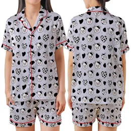 Cute Farm Animal Lovers' Soft Light Lavender Seamless Cartoon Cow Heads, Black Patches, Mixed Heart Spots Pattern Satin Short-Sleeve Pajamas Set