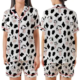 Whimsical Design Lovers' Seamless Black White Pink Hand-Drawn Cowhide Spot Cartoon Cow Mushroom Pattern Satin Short-Sleeve Pajamas Set